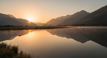 Obraz premium Serene mountain lake at sunrise with misty reflections