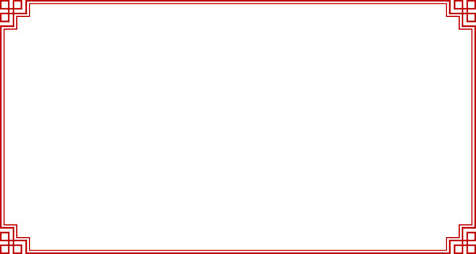 Red rectangle Chinese style frame, outline stroke border with 15 x 8 aspect ratio for 16x9 project ads, social post, presentation, cut out , SVG isolated .