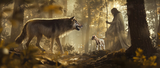Symbolic forest scene with a wolf facing a lamb as a spiritual shepherd watches nearby. Allegory of faith, protection, danger and moral choice expressed through nature and light.