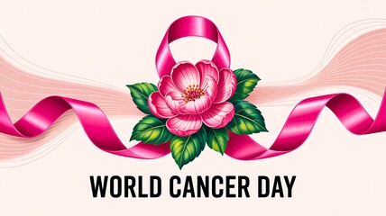 World cancer day awareness ribbon with floral support message
