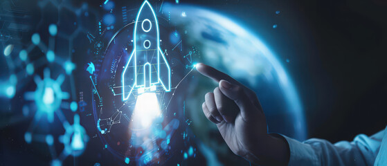 A glowing holographic rocket launch symbolizing a startup concept, displayed above a digital workspace as a person draws and plans innovative business ideas in a futuristic environment.