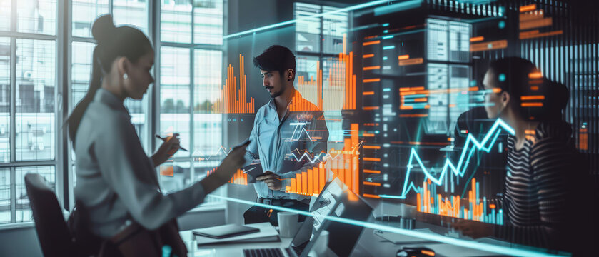 Modern business team analyzing data on a large digital screen with holographic charts and virtual interface. Concept of artificial intelligence, analytics, innovation, teamwork, cybersecurity, - Powered by Adobe