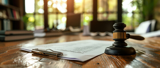 Close-up of a wooden gavel resting on legal documents in a courtroom or law office. Symbol of justice, authority and judicial decision-making. Warm professional atmosphere.