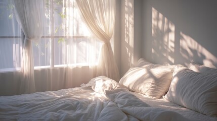 A sunlit, serene bedroom with a soft white bed and sheer curtains, creating a peaceful and inviting atmosphere