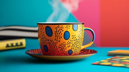 A vibrant comic-style book, a bold muffaral, and a steaming bright ceramic cup 