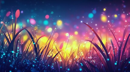 A vibrant field with glowing grass blades and sparkling dew drops 