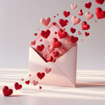 An open envelope bursts with a cascade of red and pink hearts, symbolizing the outpouring of affection, romance, and emotion. 