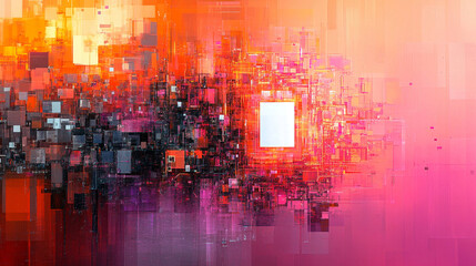 Naklejka premium Abstract futuristic digital city background made of colorful pixelated data blocks and geometric squares with pink, orange and purple gradients, big data and artificial intelligence visualization, mod