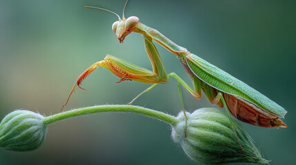 Artistic Macro Closeup of a Green Praying Mantis Posing on a Curved Plant Stem with Soft Pastel Background and Shallow Depth of Field
