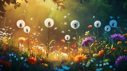 A vibrant meadow featuring glowing dandelions and colorful flowers 