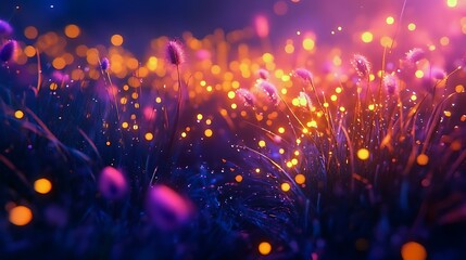 A vibrant field with glowing grass blades and sparkling dew drops 