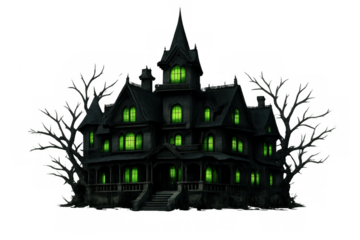 Haunted gothic victorian mansion with spooky green glowing windows and bare trees, creating a mysterious halloween scene on transparent background