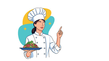 Smiling female chef in a professional uniform holding a plate of fresh salad and pointing upwards, with abstract shapes and sparkles in the background.