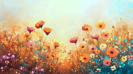 A vibrant meadow with flowers that softly glow in a golden hue 