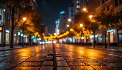City Street at Night with Glowing Streetlights and Bokeh Effects