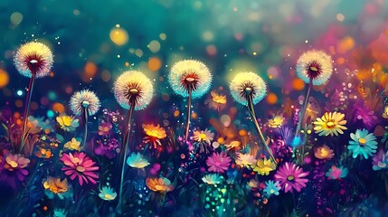 A vibrant meadow featuring glowing dandelions and colorful flowers 