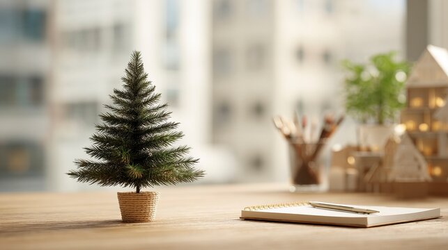 A miniature evergreen tree sits on a wooden desk near a notebook, pencil, and blurred background with other decorative items