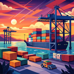 dockside illustration with container crane and sunset sky