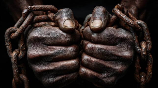 Symbolic Representation of Oppression and Freedom: Man's Hands Bound in Chains Against Dark Background Signifying Struggle and Resilience