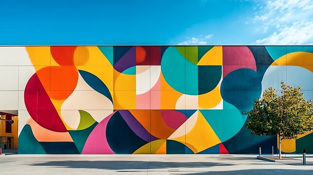 A vibrant mural of abstract shapes covering the side of a modern building 