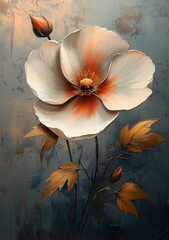 White flower with gold leaf paint, oil painting on canvas, textured background. Generative AI