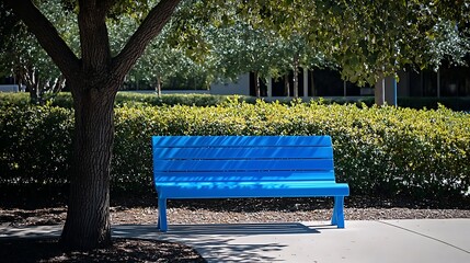 A vibrant park bench painted in bright blue, placed under a tree in a sunny park 