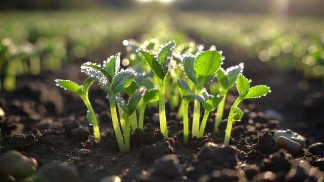 Green seedlings growing in fertile soil with morning dew drops. Young sprouts in an agricultural field at sunrise. Farming and growth concept