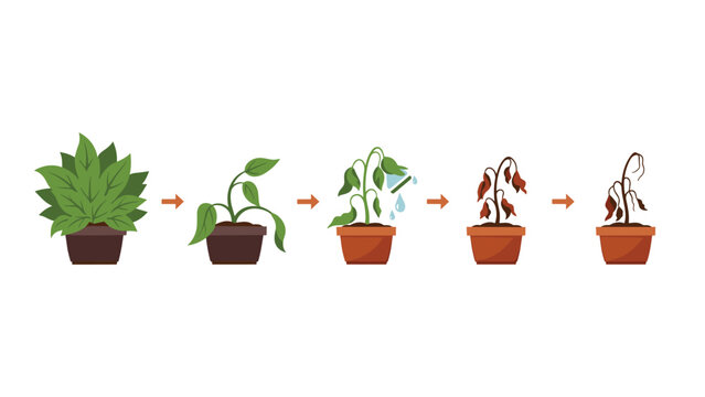 Illustrated stages of a potted plant's life cycle, showing the progression from a healthy, vibrant plant to wilting, drying, and eventually dying.