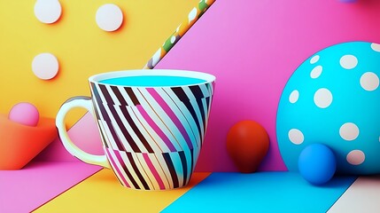 A vibrant pop-art book cover, a playful muffaral, and a quirky polka-dot cup 