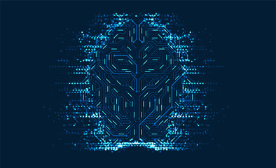Glowing digital brain made of circuit lines with particle data effect on dark blue background, representing artificial intelligence neural network technology and futuristic computing concept.