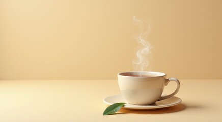Cup of tea with a leaf on a saucer