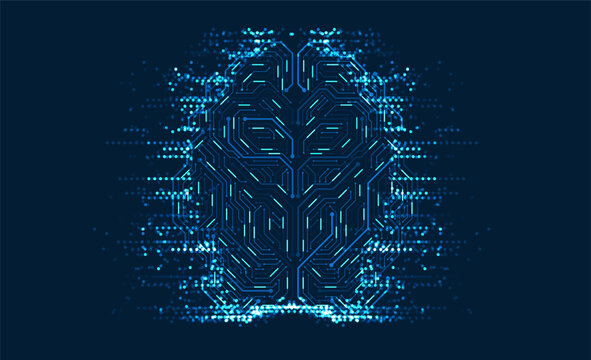 Glowing digital brain made of circuit lines with particle data effect on dark blue background, representing artificial intelligence neural network technology and futuristic computing concept.