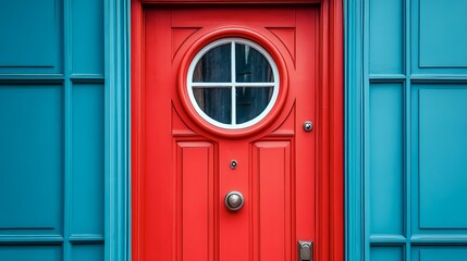 A vibrant red front door with a circular porthole-style window in the upper half 