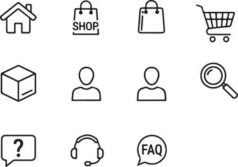 Fototapeta premium A set of eleven minimalist e-commerce outline icons featuring essential retail symbols: home, shopping bags, cart, box, user profiles, magnifying glass, help bubble, headset, and FAQ bubble.