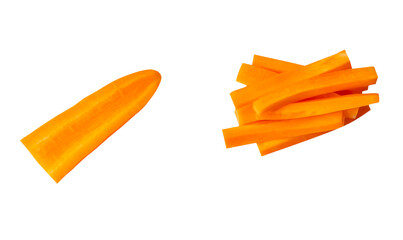 Top view set of orange carrot slices in stick shapes in stack isolated on white background with...