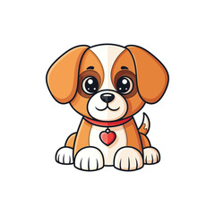 Cute cartoon puppy with red heart pendant on red collar sitting