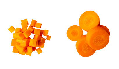 Top view set of orange carrot slices in cube and circle shapes in stack isolated with clipping path...