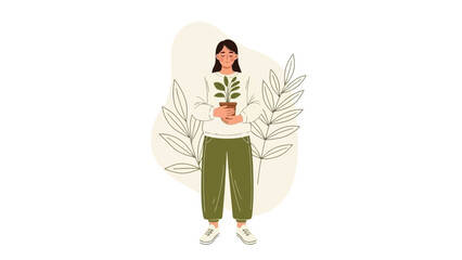 illustration of a woman holding a potted plant surrounded by leafy branches for nature lovers and