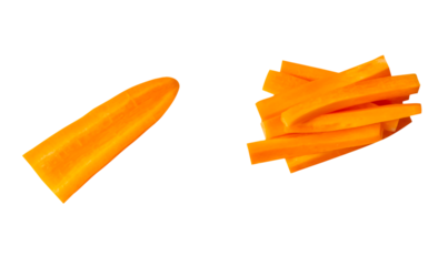 Top view set of orange carrot slices in stick shapes in stack isolated with clipping path in png file format