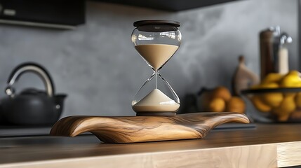 A vintage hourglass with a wooden base, placed on a polished wooden shelf 