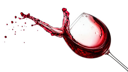 Red wine splashing out of a wine glass isolated on white background for drink celebration and tasting event