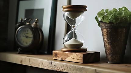 A vintage hourglass with a wooden base, placed on a polished wooden shelf 