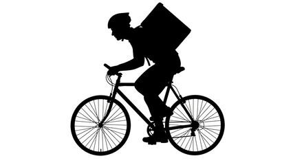 Silhouette of a delivery person riding a bicycle with a backpack for food delivery service and eco transport