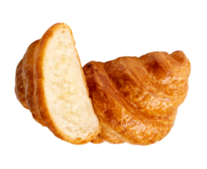 Top view of one brown or golden croissant with a half in stack isolated with clipping path in png file format