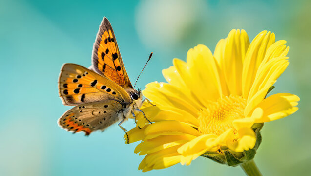 A Stunning Close Up of a Small Copper Butterfly Perched on a Vibrant Yellow Flower, Bathed in Soft Light, Highlighting the Intricate Details of Nature