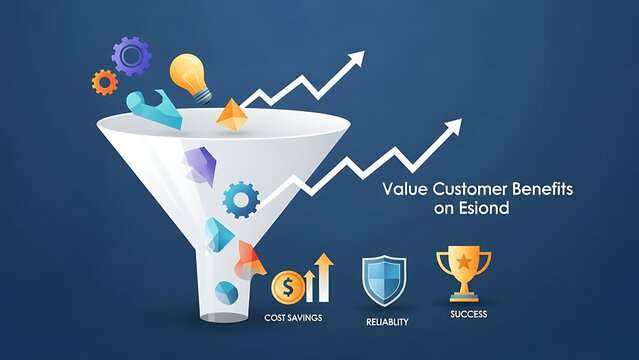 Business Value Proposition Funnel Transforming Generic Features into Specific Customer Benefits with Trend Arrows