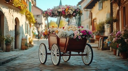 A vintage ice cream cart with floral decorations in a picturesque village square 