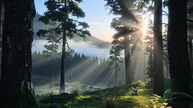 Sunbeams shining through a misty pine forest at sunrise. Green moss and ferns cover the woodland floor in a magical atmosphere. Wilderness landscape