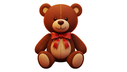 Traditional brown teddy bear toy with a red bow sitting isolated on white background for childhood and gift concept