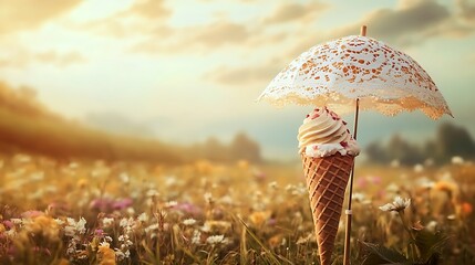 A vintage ice cream cone with a lace umbrella in a quaint countryside setting 